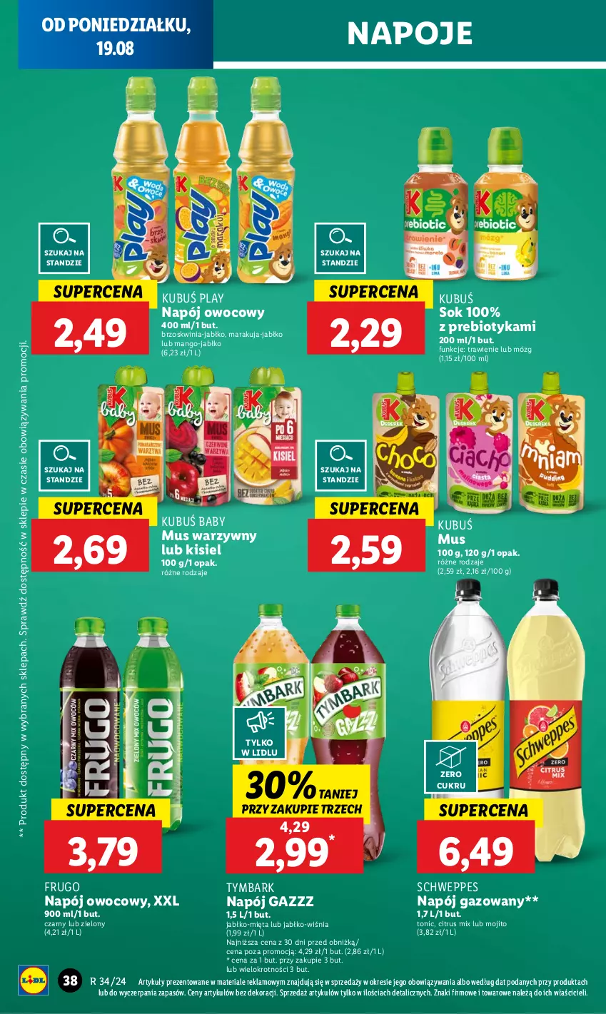 Gazetka promocyjna Lidl - GAZETKA - ważna 19.08 do 21.08.2024 - strona 42 - produkty: Kisiel, Kubuś, Mango, Mięta, Mus, Napój, Napój gazowany, Napoje, Schweppes, Sok, Tymbark