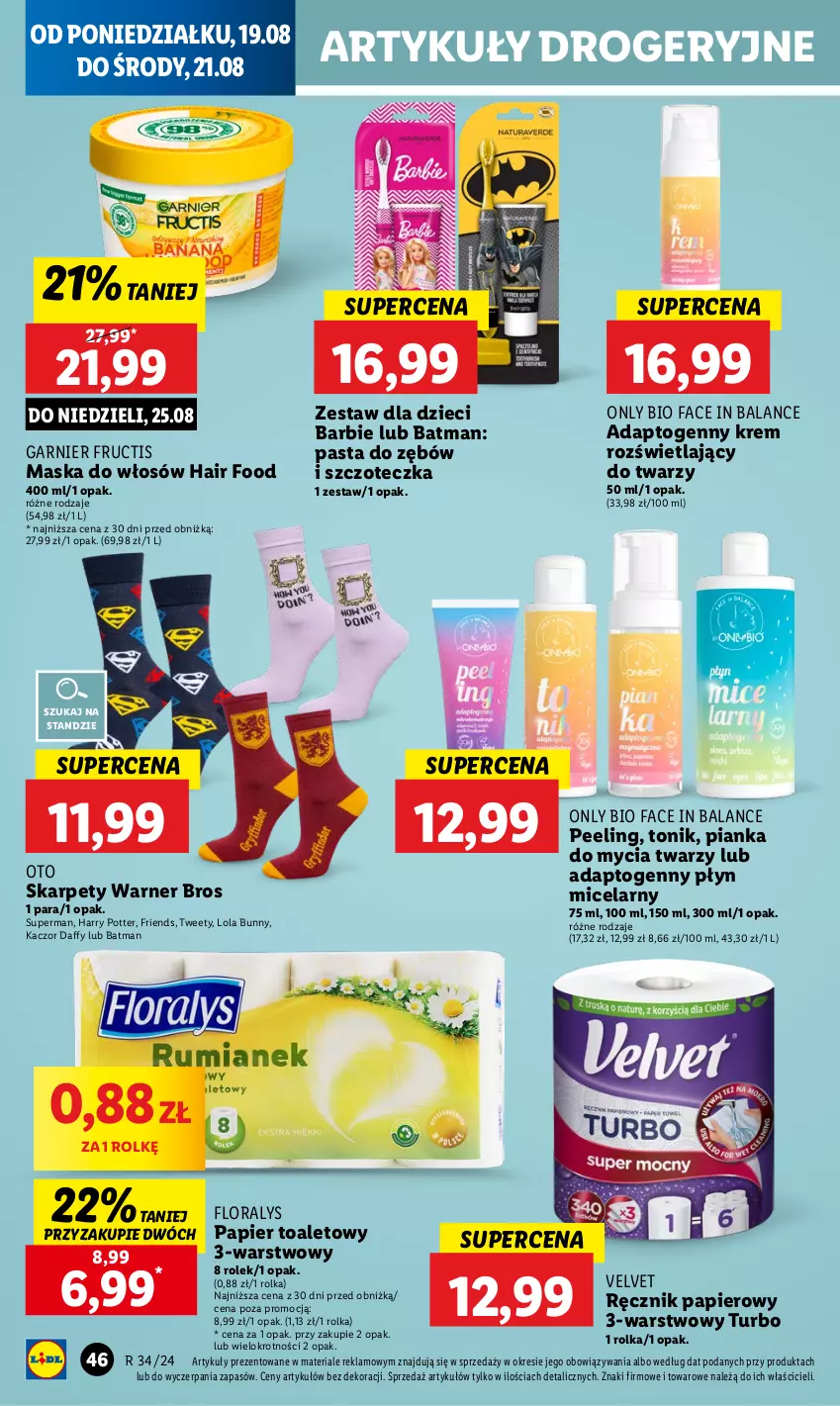 Gazetka promocyjna Lidl - GAZETKA - ważna 19.08 do 21.08.2024 - strona 52 - produkty: Barbie, Dzieci, Fa, Flora, Fructis, Garnier, Harry Potter, Karp, Maska, Maska do włosów, Papier, Papier toaletowy, Pasta do zębów, Peeling, Pianka do mycia twarzy, Płyn micelarny, Ręcznik, Szczoteczka, Tonik, Velvet