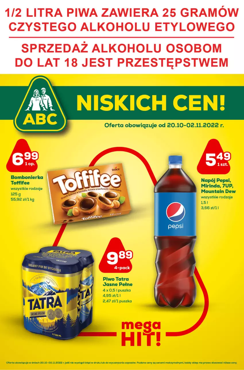 Gazetka promocyjna ABC - Gazetka - ważna 20.10 do 02.11.2022 - strona 1 - produkty: 7up, Gra, Mirinda, Napój, Pepsi, Piwa, Piwo, Tatra, Toffifee