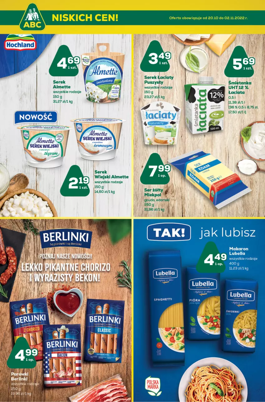 Gazetka promocyjna ABC - Gazetka - ważna 20.10 do 02.11.2022 - strona 5 - produkty: Almette, Berlinki, Hochland, Por, Ser, Serek, Serek wiejski, Spaghetti