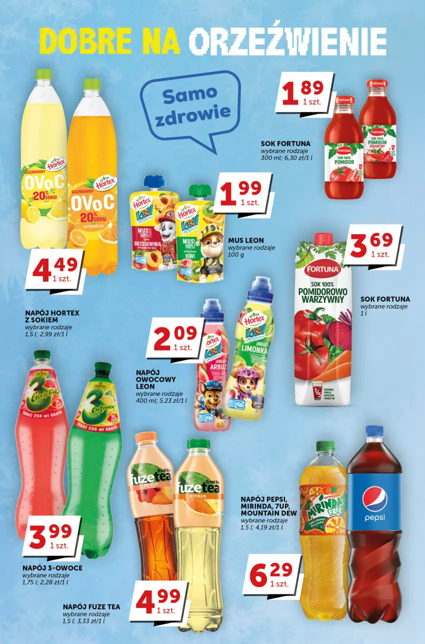 Gazetka promocyjna Groszek - ważna 11.04 do 18.04.2023 - strona 20 - produkty: 7up, Fortuna, Hortex, Leon, Mirinda, Mus, Napój, Owoce, Pepsi, Sok