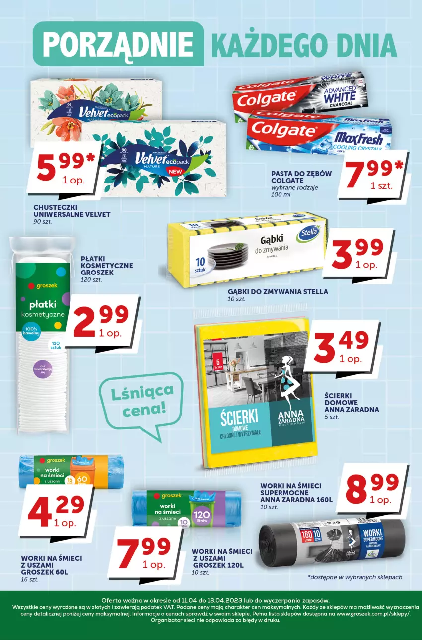 Gazetka promocyjna Groszek - ważna 11.04 do 18.04.2023 - strona 24 - produkty: Chusteczki, Colgate, Groszek, LG, Pasta do zębów, Płatki kosmetyczne, Velvet, Worki na śmiec, Worki na śmieci