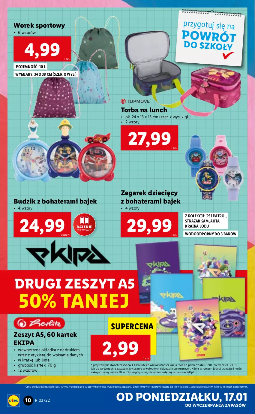 Gazetka promocyjna Lidl - GAZETKA - ważna 17.01 do 23.01.2022 - strona 10 - produkty: Budzik, Dzieci, Por, Psi Patrol, Rama, Sport, Tera, Torba, Tran, Zegar, Zegarek