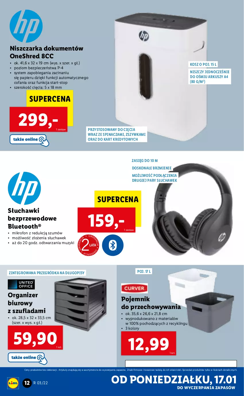 Gazetka promocyjna Lidl - GAZETKA - ważna 17.01 do 23.01.2022 - strona 14 - produkty: Biuro, Długopis, Fa, Kosz, Mikrofon, Niszczarka, Organizer, Papier, Piec, Pojemnik, Pojemnik do przechowywania, Słuchawki, Słuchawki bezprzewodowe, Top