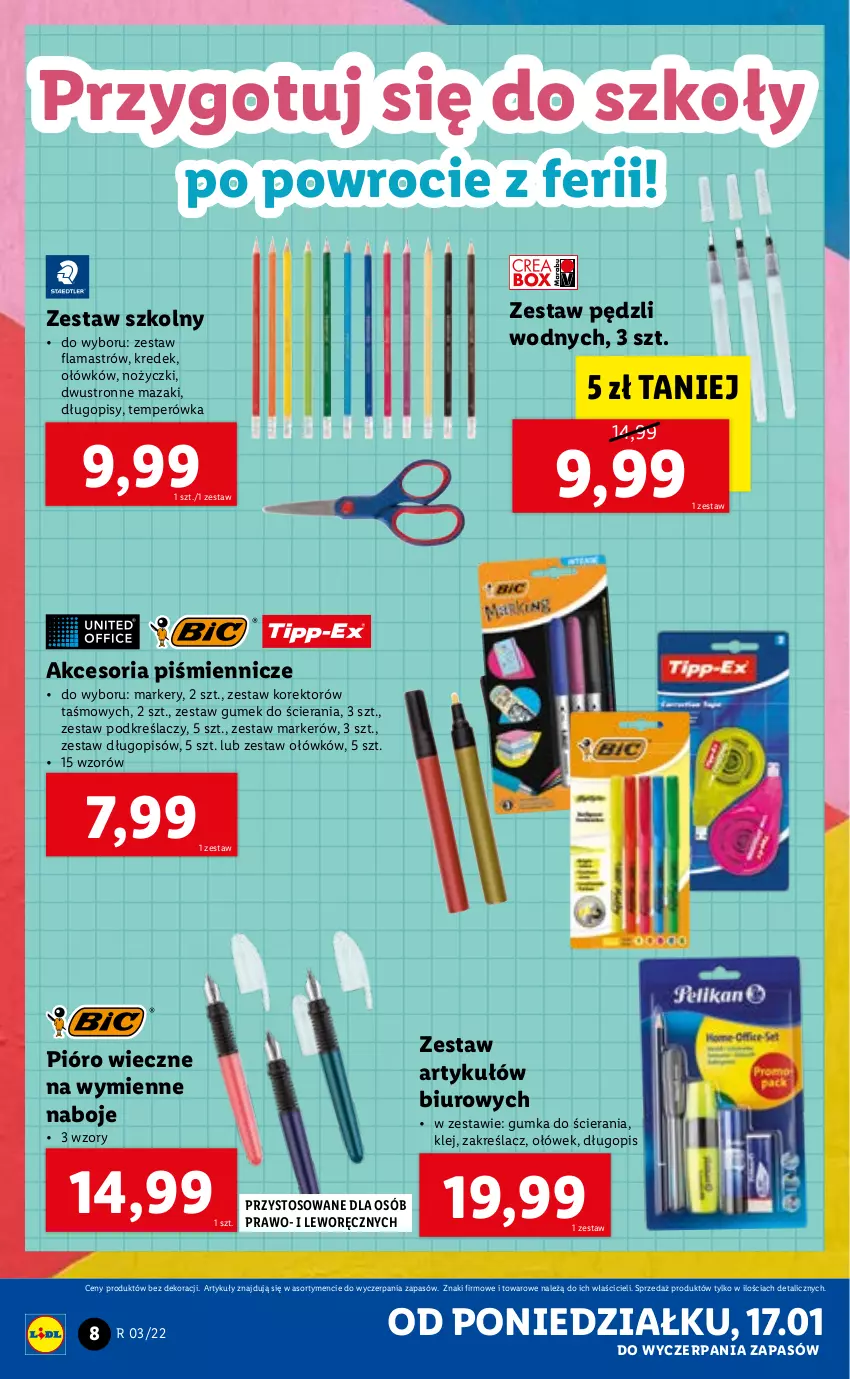 Gazetka promocyjna Lidl - GAZETKA - ważna 17.01 do 23.01.2022 - strona 8 - produkty: Biuro, Długopis, Klej, Marker, Noż, Nożyczki, Zestaw pędzli