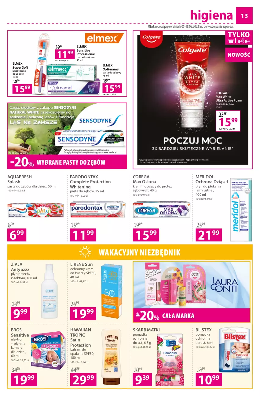 Gazetka promocyjna Hebe - Gazetka - ważna 05.05 do 18.05.2022 - strona 13 - produkty: Aquafresh, Colgate, Corega, Dzieci, Elmex, Krem do twarzy, LG, Lirene, Ochronny krem, Parodontax, Pasta do zębów, Płyn do płukania, Płyn do płukania jamy ustnej, Sati, Szczoteczka, Szczoteczka do zębów, Ziaja