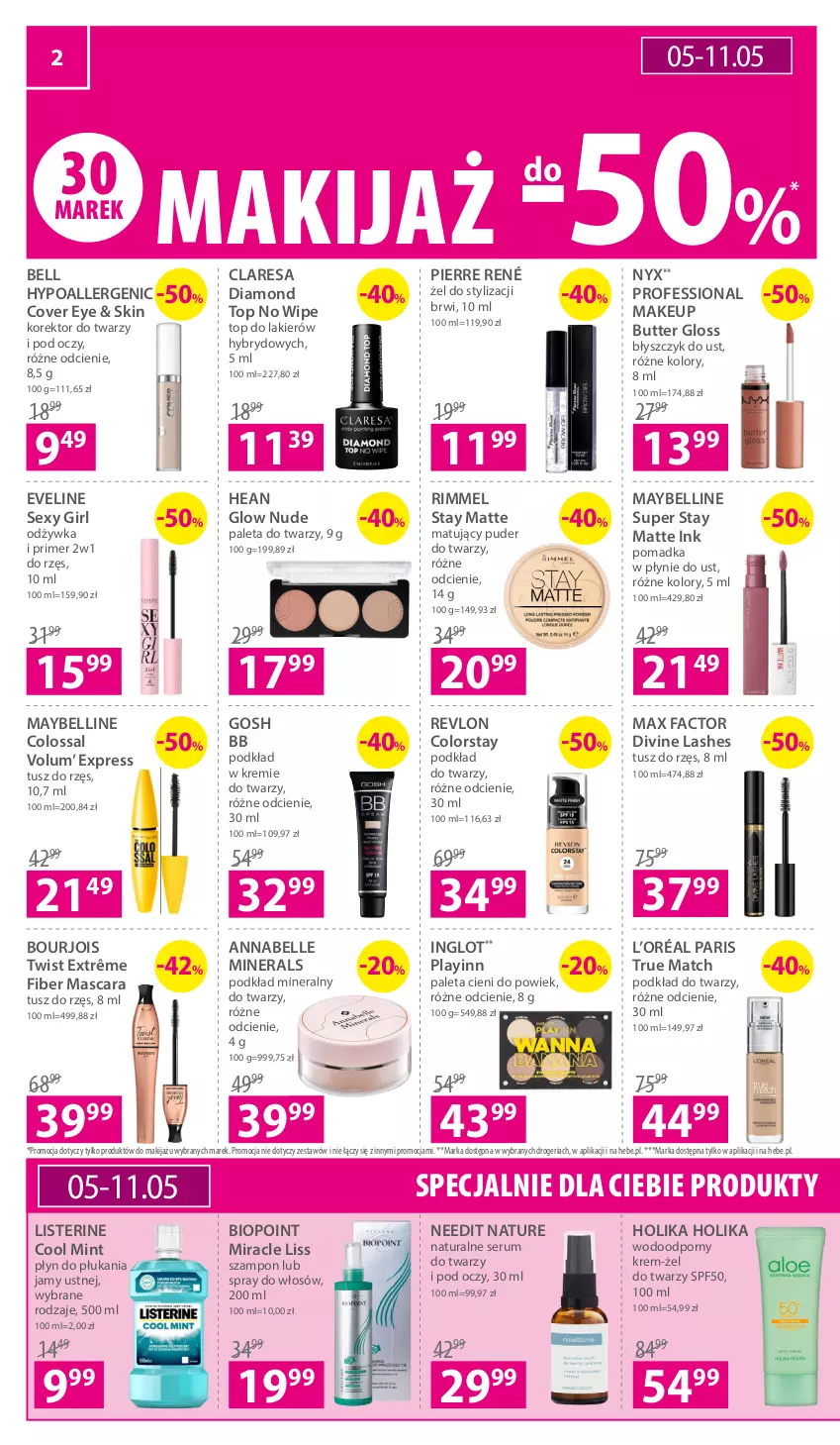 Gazetka promocyjna Hebe - Gazetka - ważna 05.05 do 18.05.2022 - strona 2 - produkty: Bell, Bell HypoAllergenic, Błyszczyk do ust, Bourjois, Divine, Eveline, Fa, Gosh, Holika Holika, Korektor do twarzy, L’Oréal, Lakier, Listerine, Makijaż, Max Factor, Maybelline, Odżywka, Paleta, Pierre René, Płyn do płukania, Płyn do płukania jamy ustnej, Podkład, Podkład do twarzy, Por, Puder, Puder do twarzy, Revlon, Rum, Ser, Serum, Serum do twarzy, Szampon, Top, Top do lakierów, Tusz