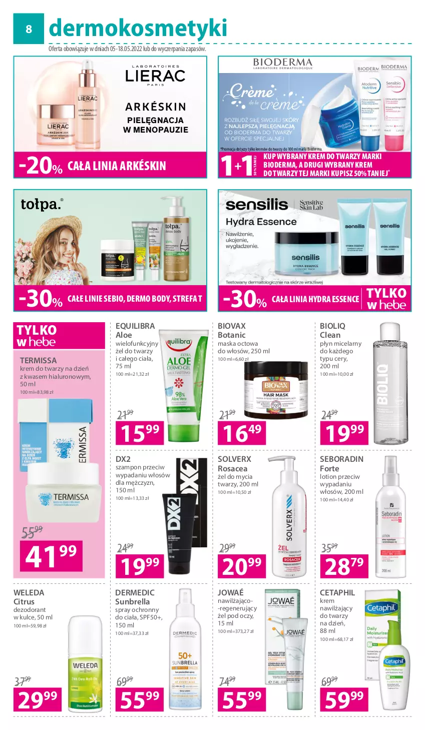 Gazetka promocyjna Hebe - Gazetka - ważna 05.05 do 18.05.2022 - strona 8 - produkty: Bioderma, Biovax, Body, Cetaphil, Dermedic, Dezodorant, DX2, Fa, Krem do twarzy, Krem nawilżający, Lierac, Maska, Płyn micelarny, Seboradin, Szampon, Weleda