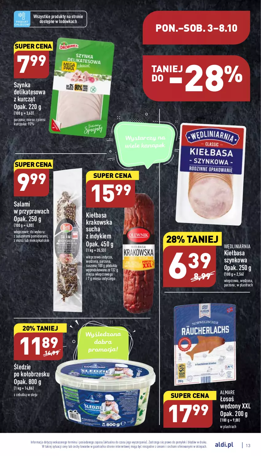 Gazetka promocyjna Aldi - Pełny katalog - ważna 03.10 do 08.10.2022 - strona 13 - produkty: Kiełbasa, Kiełbasa krakowska, Kiełbasa szynkowa, Kurczak, Lodówka, Mięso, Mus, Olej, Salami, Szynka, Szynka delikatesowa