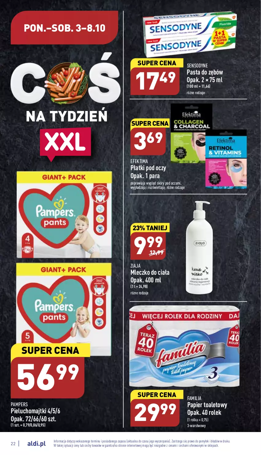 Gazetka promocyjna Aldi - Pełny katalog - ważna 03.10 do 08.10.2022 - strona 22 - produkty: Fa, Majtki, Mleczko, Mleczko do ciała, Pampers, Papier, Papier toaletowy, Pasta do zębów, Pieluchomajtki, Sensodyne, Ziaja