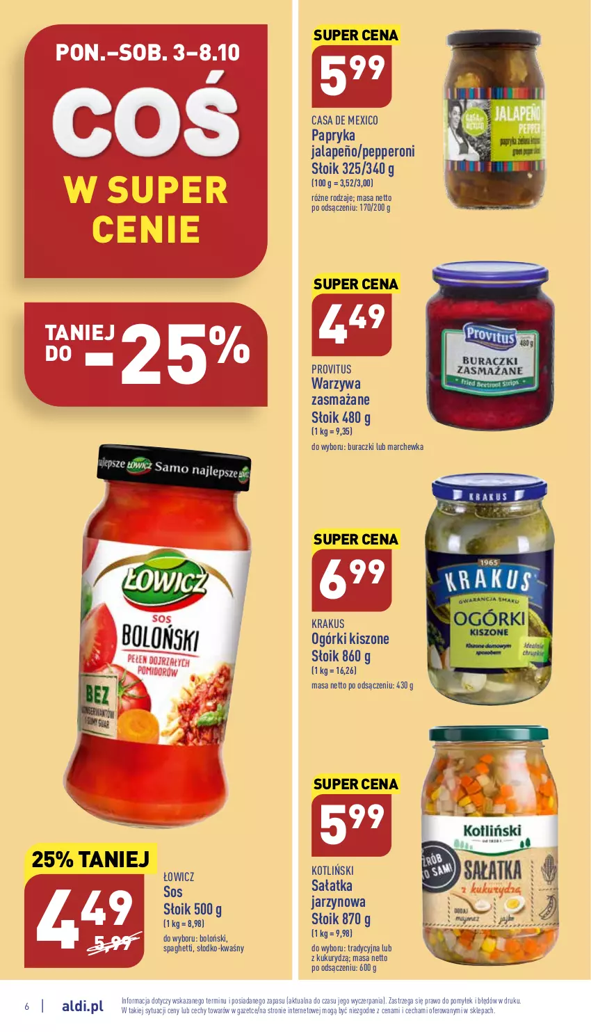 Gazetka promocyjna Aldi - Pełny katalog - ważna 03.10 do 08.10.2022 - strona 6 - produkty: Buraczki, Krakus, Marchewka, Papryka, Papryka jalapeño, Sałat, Sałatka, Sos, Spaghetti, Warzywa