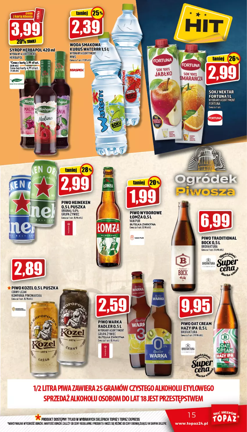 Gazetka promocyjna Topaz - Gazetka - ważna 31.03 do 06.04.2022 - strona 15 - produkty: Fa, Fortuna, Gin, Heineken, Herbapol, Kozel, Kubuś, Kubuś Waterrr, Nektar, Piwo, Por, Pur, Sok, Syrop, Top, Warka, Woda