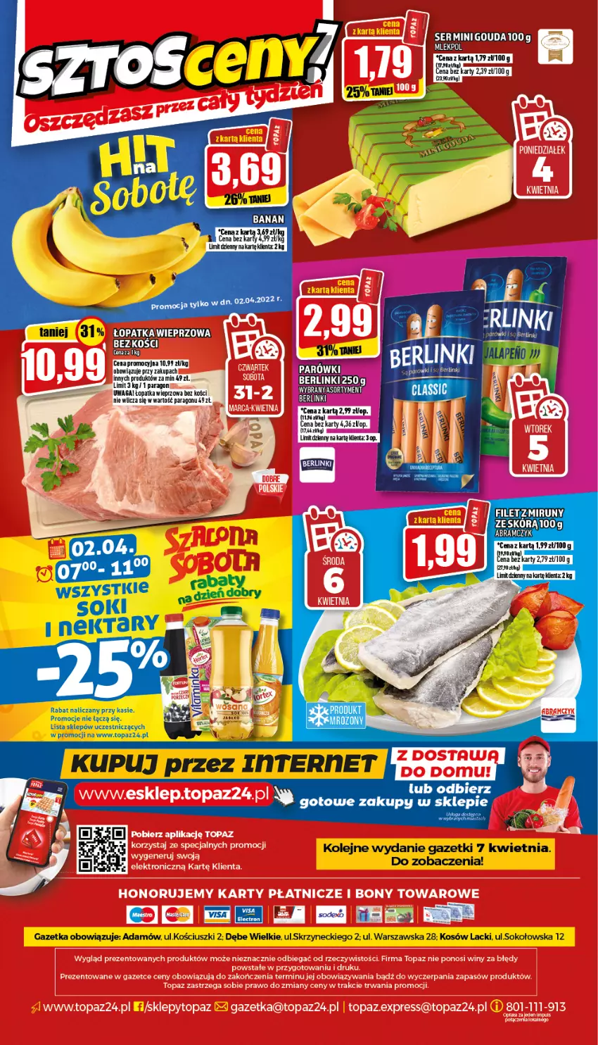 Gazetka promocyjna Topaz - Gazetka - ważna 31.03 do 06.04.2022 - strona 20 - produkty: Berlinki, Gouda, Lack, Nektar, Olej, Parówki, Ser, Sok, Tapeta, Top