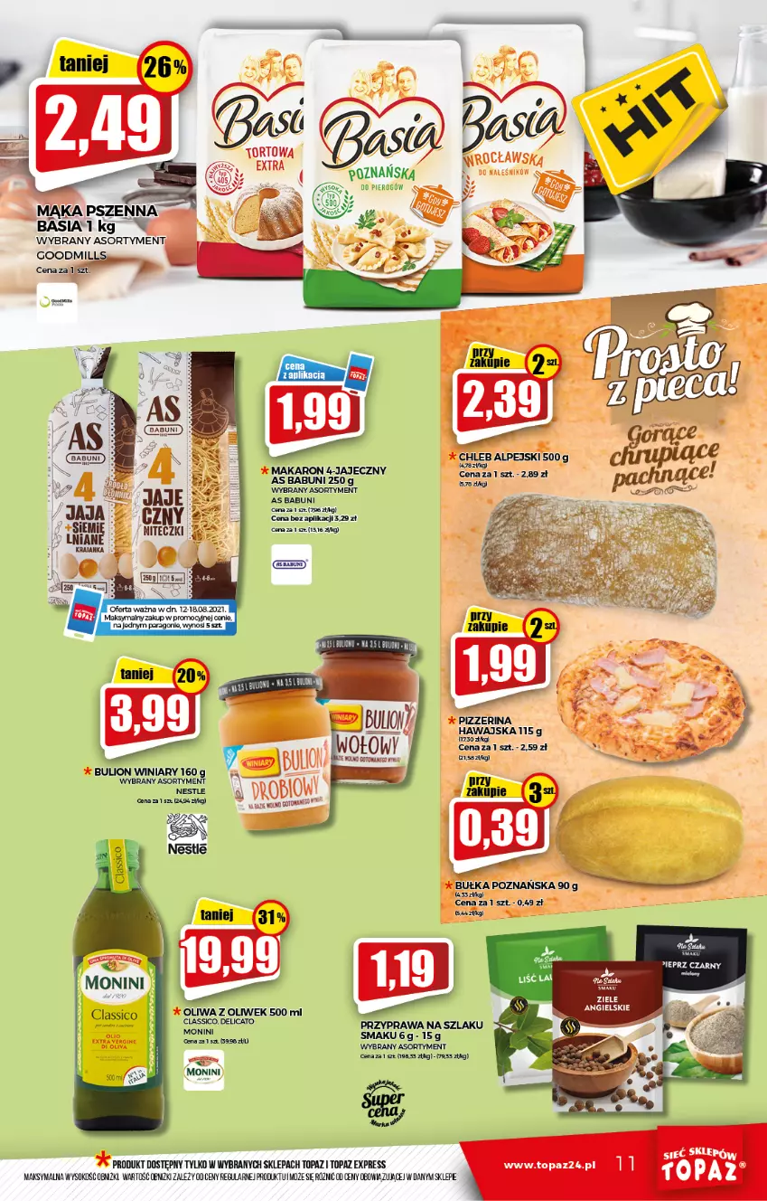 Gazetka promocyjna Topaz - Gazetka - ważna 12.08 do 18.08.2021 - strona 11 - produkty: Basia, Bulion, Gin, Lion, Mąka, Monini, Oliwa z oliwek, Pizzerina, Sok, Top, Winiary