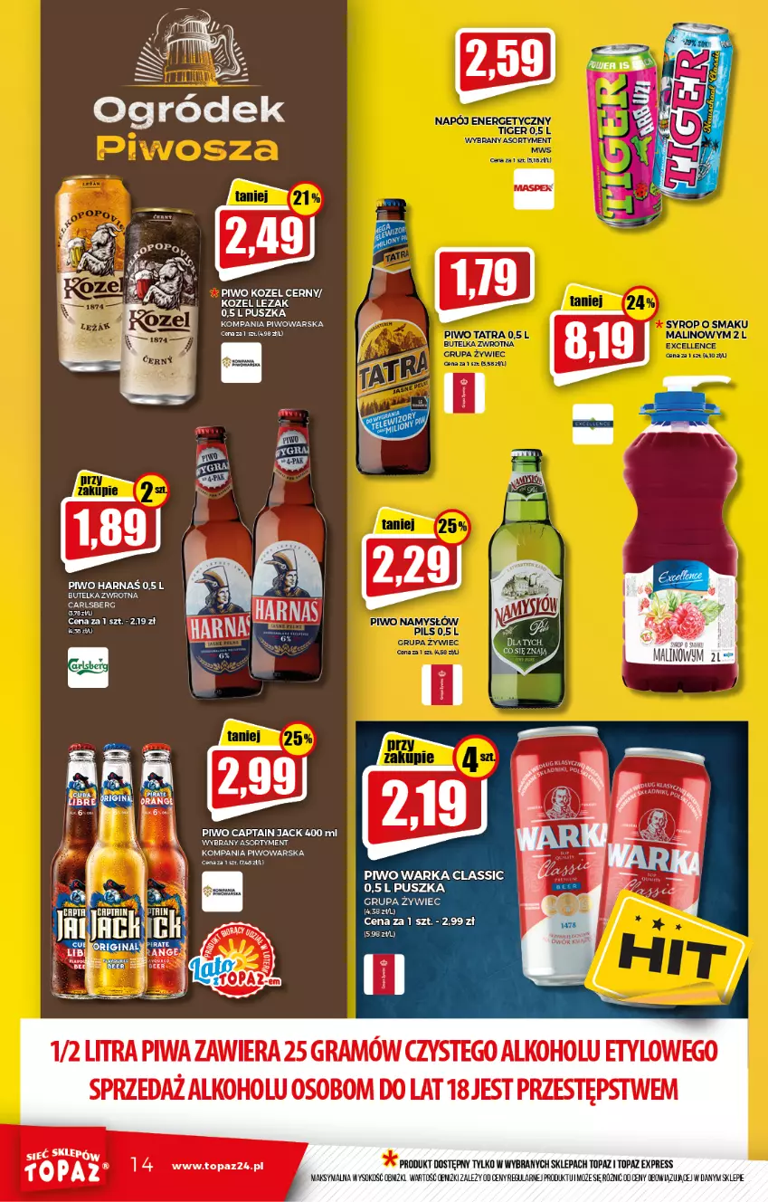 Gazetka promocyjna Topaz - Gazetka - ważna 12.08 do 18.08.2021 - strona 14 - produkty: Captain Jack, Carlsberg, Gra, Kozel, Ogród, Piwa, Piwo, Sok, Tiger, Top, Warka