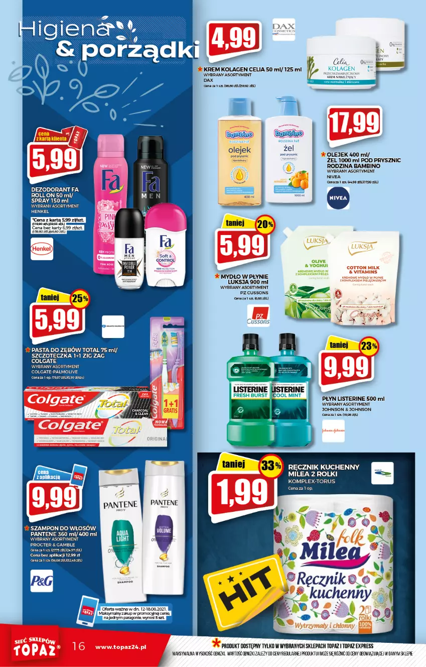 Gazetka promocyjna Topaz - Gazetka - ważna 12.08 do 18.08.2021 - strona 16 - produkty: Colgate, DAX, Dezodorant, Fa, Kolagen, LG, Listerine, Luksja, Mydło, Mydło w płynie, Nivea, Olej, Palmolive, Pantene, Pasta do zębów, Rolki, Sok, Szampon, Szczoteczka, Top