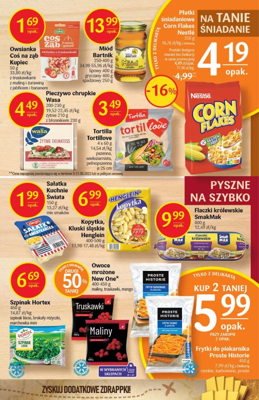 Gazetka promocyjna Delikatesy Centrum - Gazetka DC39 - ważna 06.10 do 12.10.2022 - strona 21 - produkty: Brokuły, Chrupki, Frytki, Hortex, Kopytka, Królewski, Maliny, Mango, Marchewka, Miód, Owoce, Owsianka, Piec, Pieczywo, Pieczywo chrupkie, Sałat, Sałatka, Szpinak, Tortilla, Truskawki, Wasa