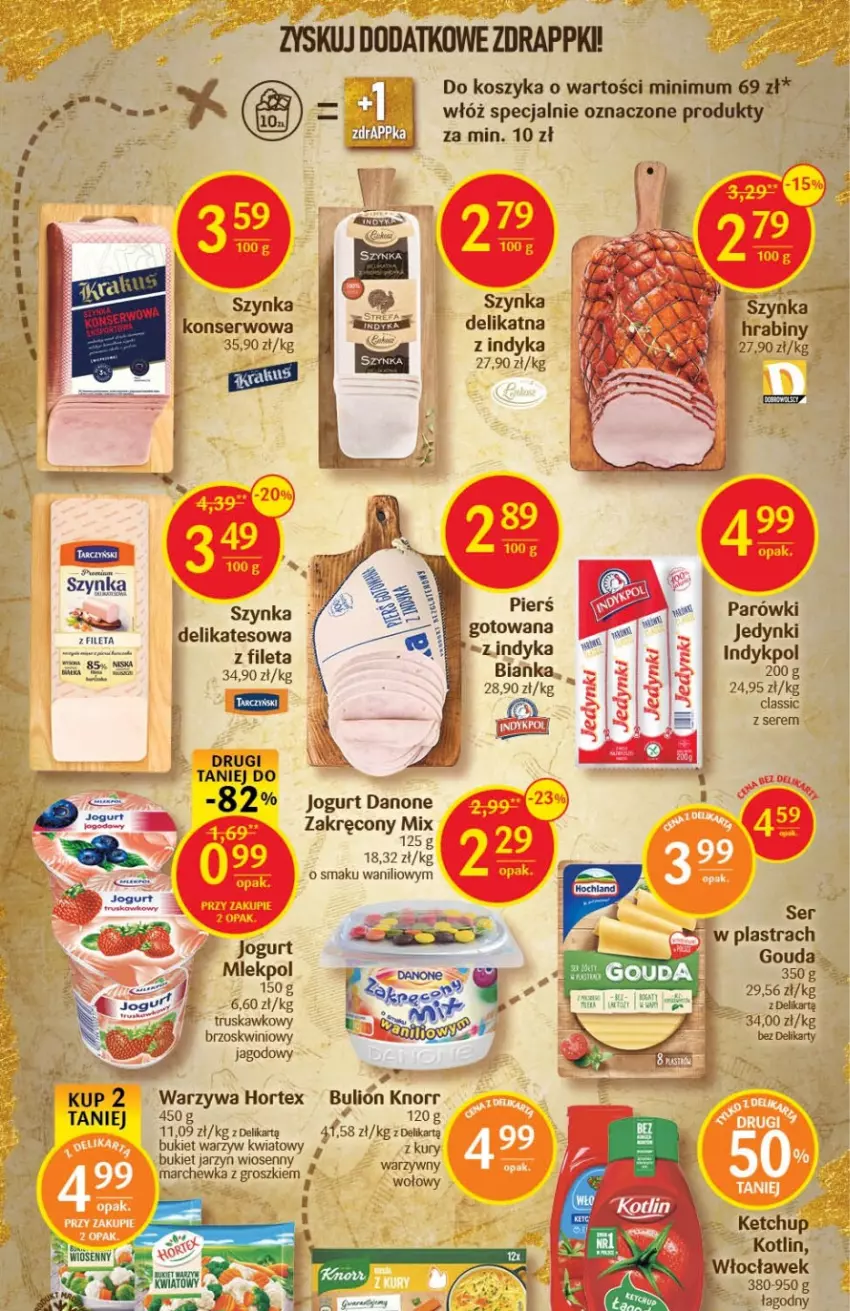 Gazetka promocyjna Delikatesy Centrum - Gazetka DC39 - ważna 06.10 do 12.10.2022 - strona 33 - produkty: Bianka, Bukiet, Bukiet warzyw, Danone, Gouda, Hortex, Jogurt, Ketchup, Knorr, Kosz, Kotlin, Marchewka, Parówki, Ser, Szynka, Szynka konserwowa, Warzywa