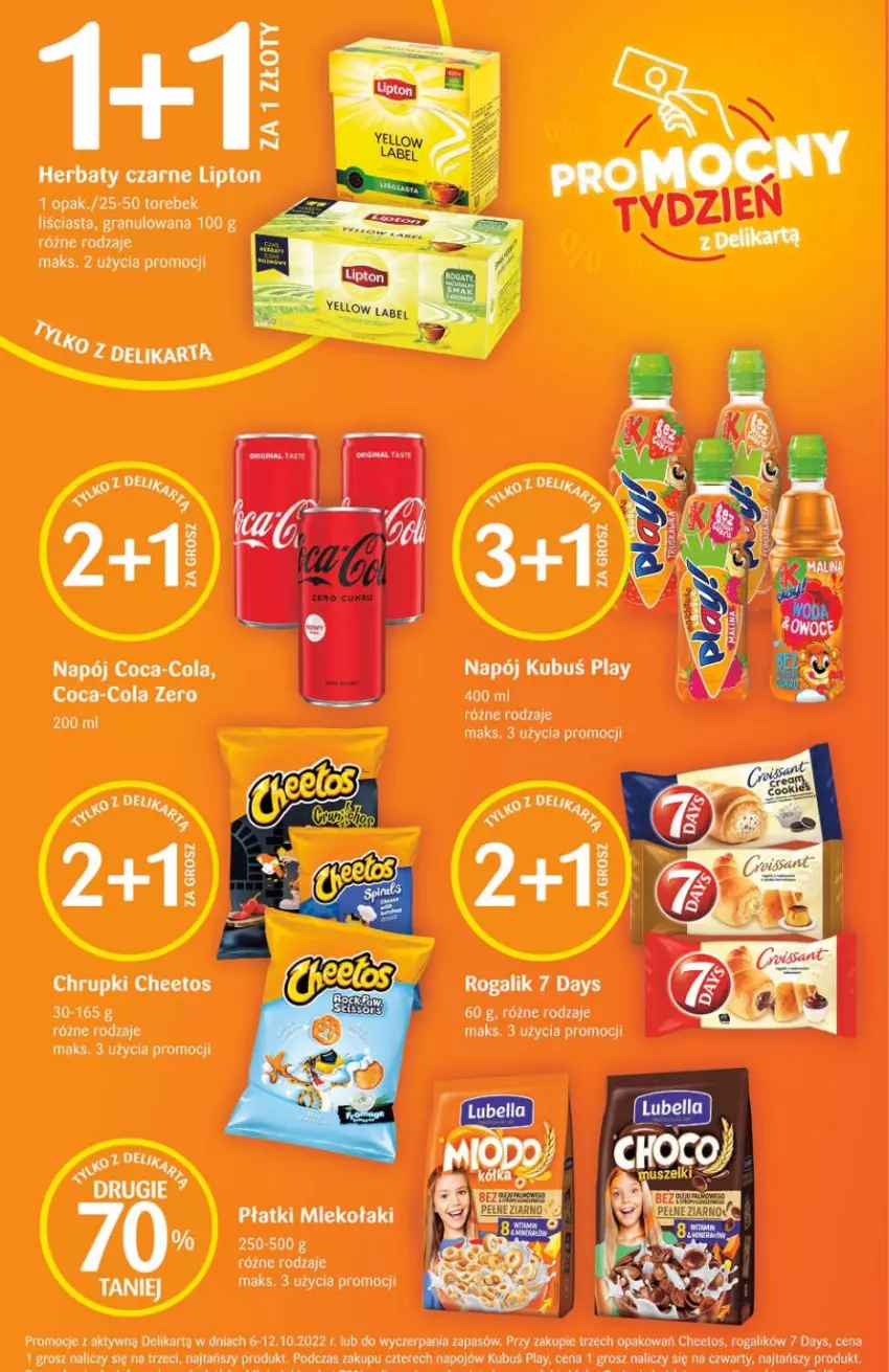 Gazetka promocyjna Delikatesy Centrum - Gazetka DC39 - ważna 06.10 do 12.10.2022 - strona 4 - produkty: 7 Days, Cheetos, Chrupki, Coca-Cola, Gra, Kubuś, Lipton, Mleko, Napój, Rogal