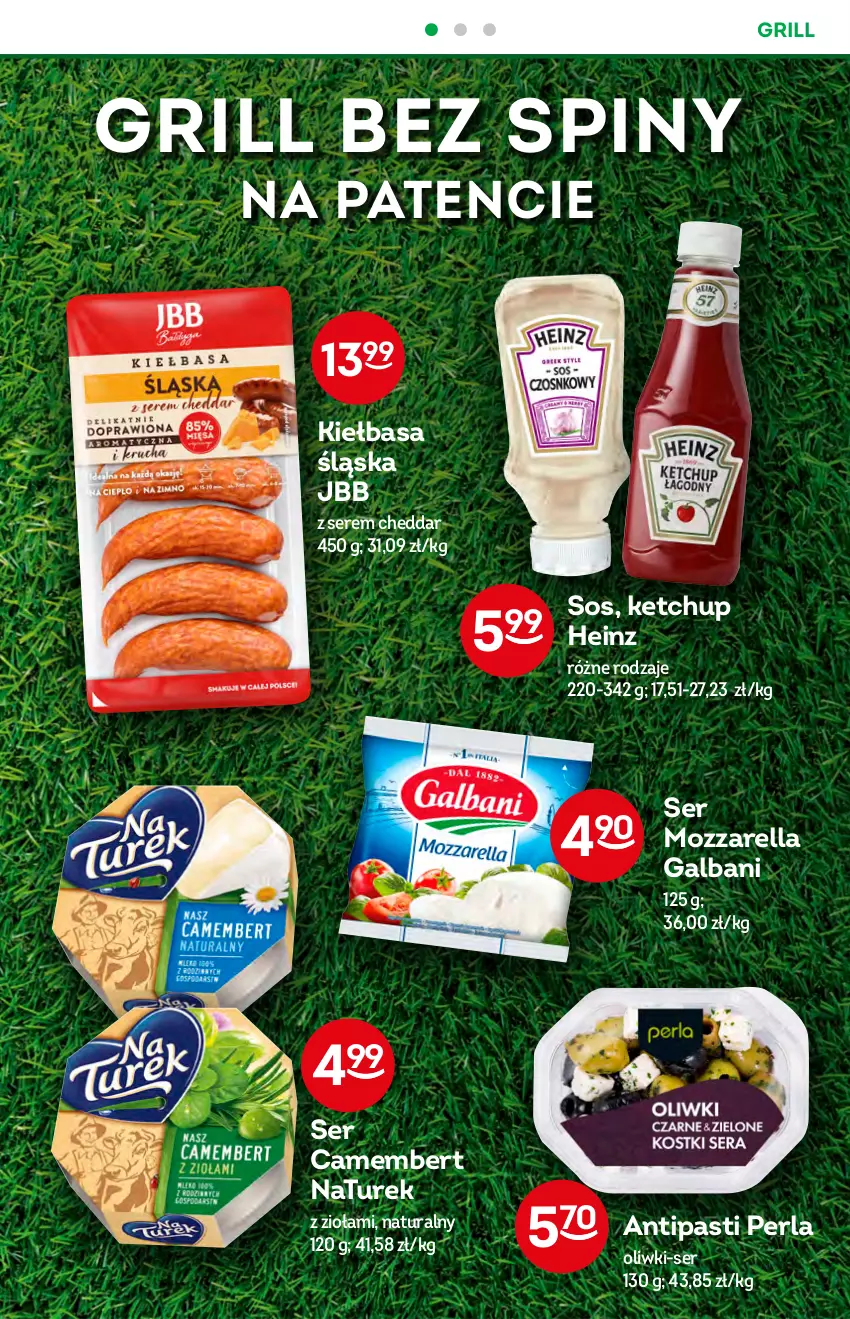 Gazetka promocyjna Żabka - ważna 20.07 do 26.07.2022 - strona 38 - produkty: Camembert, Cheddar, Galbani, Grill, Heinz, Ketchup, Kiełbasa, Kiełbasa śląska, Mozzarella, NaTurek, Oliwki, Ser, Sos