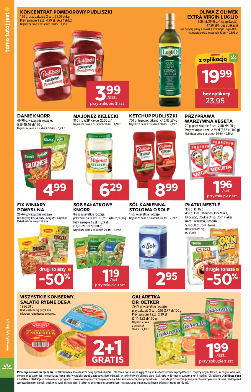 Gazetka promocyjna Stokrotka - Market - ważna 13.08 do 20.08.2025 - strona 16 - produkty: Cheerios, Corn flakes, Dega, Dr. Oetker, Gala, Galaretka, Gin, Gra, Ketchup, Kit Kat, Knorr, Koncentrat pomidorowy, Lion, Majonez, Mięso, Miód, Nesquik, Nestlé, Oliwa z oliwek, Orzeszki, Owoce, Pudliszki, Sałat, Ser, Sól, Sos, Vegeta, Warzywa, Winiary