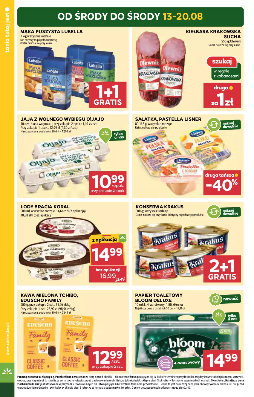Gazetka promocyjna Stokrotka - Market - ważna 13.08 do 20.08.2025 - strona 2 - produkty: Bell, Bella, Fa, Gra, Jaja, Jaja z wolnego wybiegu, Kawa, Kawa mielona, Kiełbasa, Kiełbasa krakowska, Krakus, Lisner, Lody, Lubella, Mąka, Mięso, Olewnik, Owoce, Papier, Papier toaletowy, Pastella, Sałat, Sałatka, Ser, Tchibo, Warzywa