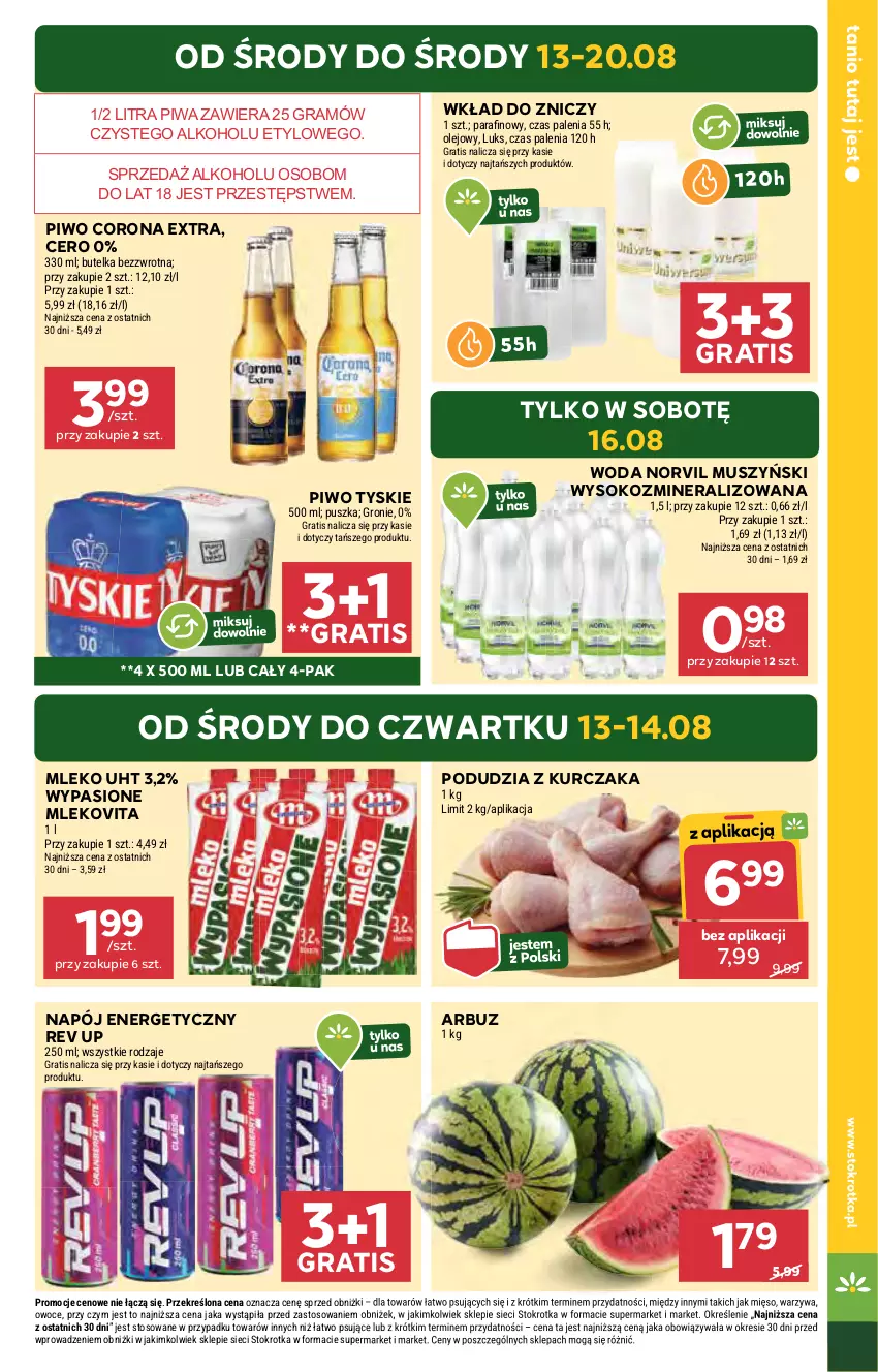 Gazetka promocyjna Stokrotka - Market - ważna 13.08 do 20.08.2025 - strona 3 - produkty: Arbuz, Corona Extra, Gra, Kurczak, Mięso, Mleko, Mlekovita, Mus, Napój, Napój energetyczny, Olej, Owoce, Piwa, Piwo, Sok, Tyskie, Warzywa, Woda, Znicz