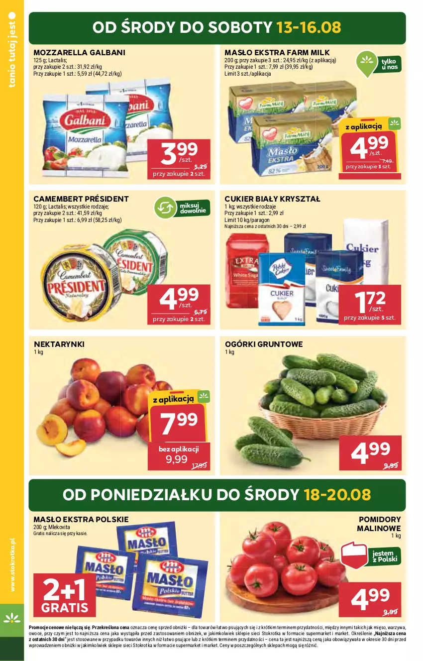 Gazetka promocyjna Stokrotka - Market - ważna 13.08 do 20.08.2025 - strona 4 - produkty: Camembert, Cukier, Fa, Farm Milk, Galbani, Gra, Grunt, Masło, Mięso, Mleko, Mlekovita, Mozzarella, Nektar, Owoce, Pomidory, Président, Warzywa