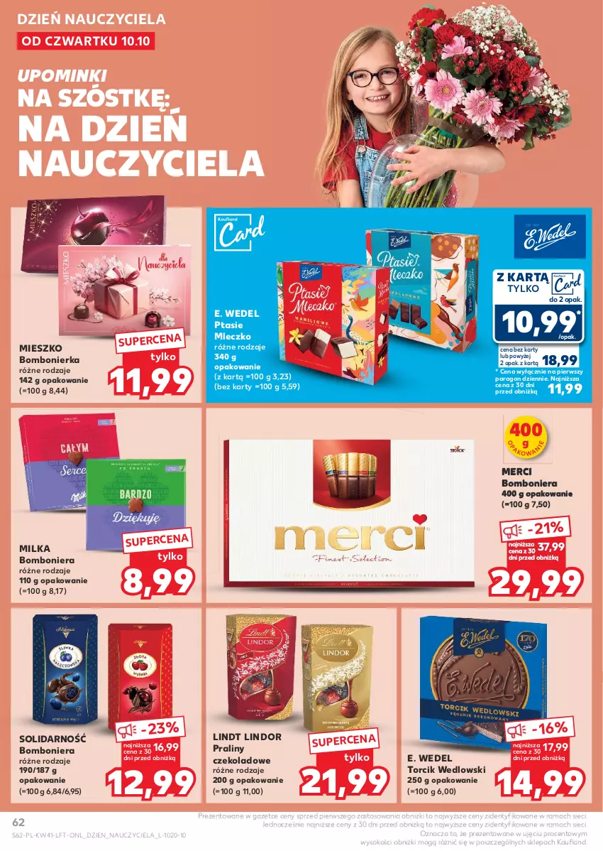 Gazetka promocyjna Kaufland - Gazetka tygodnia - ważna 10.10 do 16.10.2024 - strona 62 - produkty: Bomboniera, E. Wedel, Lindor, Lindt, Merci, Milka, Mleczko, Praliny, Ptasie mleczko, Rama, Sok