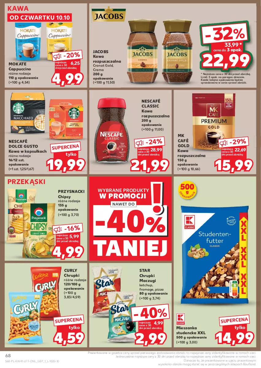 Gazetka promocyjna Kaufland - Gazetka tygodnia - ważna 10.10 do 16.10.2024 - strona 68 - produkty: Cappuccino, Chipsy, Chrupki, Dolce Gusto, Jacobs, Kawa, Kawa rozpuszczalna, Ketchup, Mieszanka studencka, Nescafé, Olej, Pizza, Przysnacki, Rama, Sok