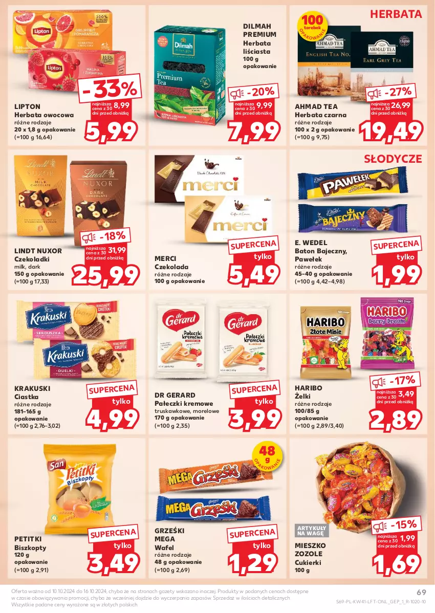 Gazetka promocyjna Kaufland - Gazetka tygodnia - ważna 10.10 do 16.10.2024 - strona 69 - produkty: Baton, Biszkopty, Ciastka, Cukier, Cukierki, Czekolada, Dilmah, Dr Gerard, E. Wedel, Grześki, Haribo, Herbata, Herbata czarna, Herbata owocowa, Krakus, Krakuski, Lindt, Lipton, Merci