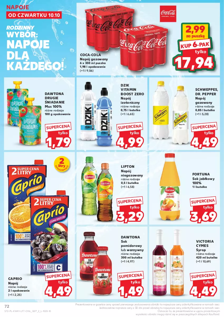 Gazetka promocyjna Kaufland - Gazetka tygodnia - ważna 10.10 do 16.10.2024 - strona 72 - produkty: Coca-Cola, Dawtona, Fortuna, Lipton, Mus, Napój, Napój gazowany, Napój izotoniczny, Napój niegazowany, Napoje, Rama, Schweppes, Sok, Sok jabłkowy, Sok pomidorowy, Syrop