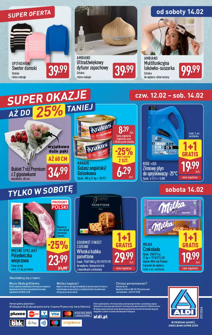 Gazetka promocyjna Aldi - Oferta weekendowa - ważna 12.02 do 14.02.2026 - strona 14 - produkty: Babka, Biuro, Bukiet, Czekolada, Dyfuzor zapachowy, Fa, Gra, Kawa, Krakus, Mięsne specjały, Milka, O nas, Płyn do spryskiwaczy, Polędwiczka wieprzowa, Por, Sok, Suszarka, Sweter