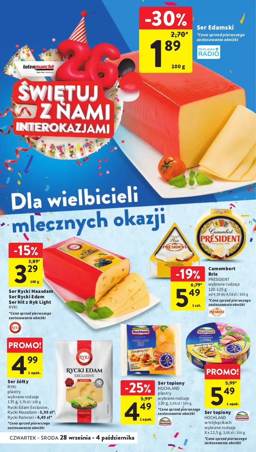 Gazetka promocyjna Intermarche - Gazetka Intermarche - ważna 28.09 do 04.10.2023 - strona 28 - produkty: Brie, Camembert, Edam, Hochland, Maasdam, Rycki Edam, Ser, Ser topiony, Top