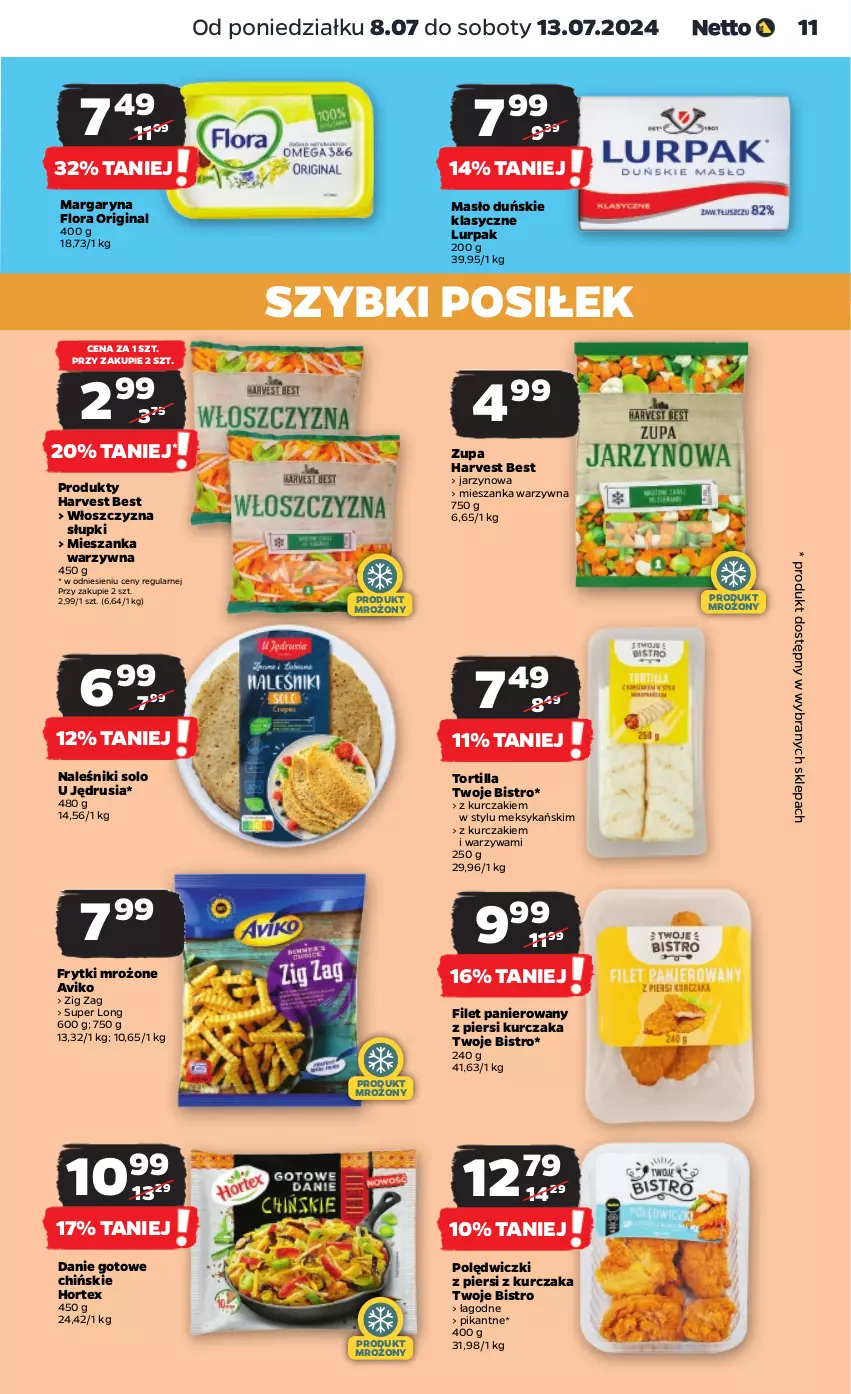 Gazetka promocyjna Netto - Artykuły spożywcze - ważna 08.07 do 13.07.2024 - strona 11 - produkty: Danie gotowe, Filet panierowany, Flora, Frytki, Gin, Hortex, Kurczak, Lurpak, Margaryna, Masło, Mieszanka warzyw, Naleśniki, Tortilla, Warzywa, Zupa