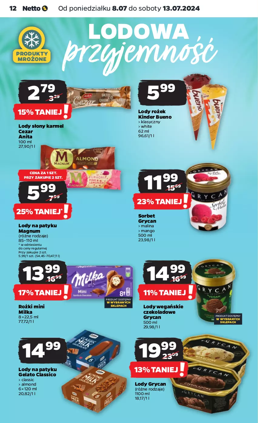 Gazetka promocyjna Netto - Artykuły spożywcze - ważna 08.07 do 13.07.2024 - strona 12 - produkty: Gry, Kinder, Kinder Bueno, Lody, Mango, Milka, Produkty mrożone