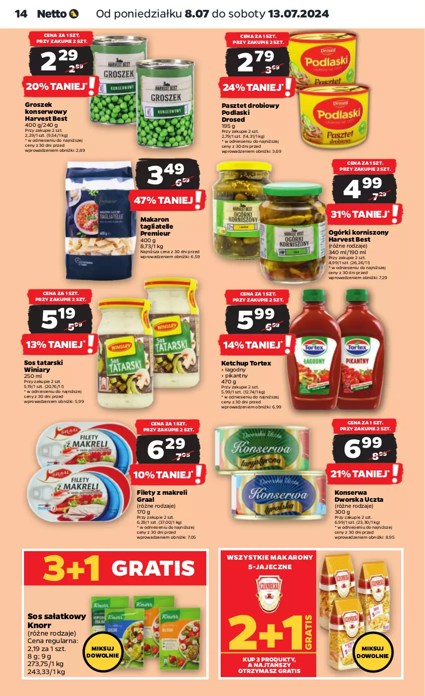 Gazetka promocyjna Netto - Artykuły spożywcze - ważna 08.07 do 13.07.2024 - strona 14 - produkty: Gra, Graal, Groszek, Ketchup, Knorr, Korniszony, Makaron, Pasztet, Podlaski, Sałat, Ser, Sos, Tagliatelle, Winiary