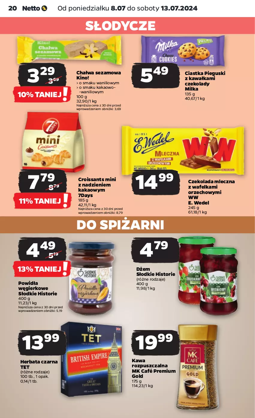 Gazetka promocyjna Netto - Artykuły spożywcze - ważna 08.07 do 13.07.2024 - strona 20 - produkty: Chałwa, Ciastka, Croissant, Czekolada, Czekolada mleczna, Dżem, E. Wedel, Herbata, Herbata czarna, Kakao, Kawa, Kawa rozpuszczalna, Milka, Sezam