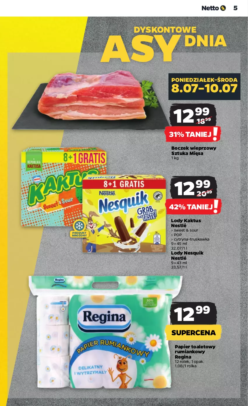 Gazetka promocyjna Netto - Artykuły spożywcze - ważna 08.07 do 13.07.2024 - strona 5 - produkty: Boczek, Boczek wieprzowy, Gin, Kaktus, Lody, Nesquik, Nestlé, Papier, Papier toaletowy, Rum