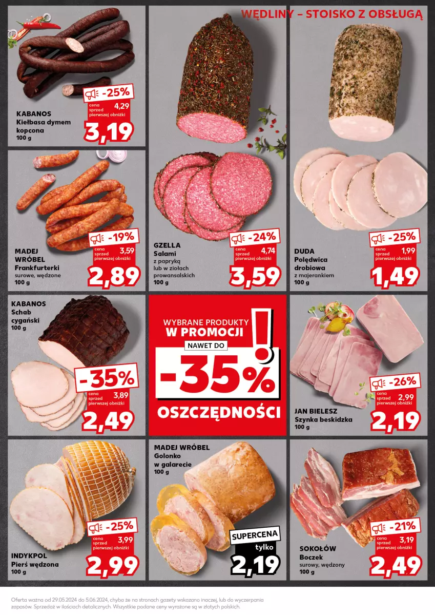 Gazetka promocyjna Kaufland - Kaufland - ważna 03.06 do 05.06.2024 - strona 21 - produkty: Boczek, Duda, Frankfurterki, Gala, Kabanos, Kiełbasa, Madej Wróbel, Polędwica, Salami, Salami z papryką, Sok, Sokołów, Szynka