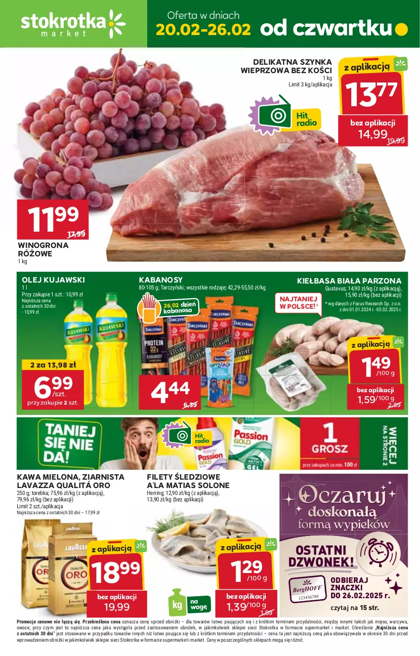 Gazetka promocyjna Stokrotka - Market - ważna 20.02 do 26.02.2025 - strona 1 - produkty: Dzwonek, HP, Kabanos, Kawa, Kawa mielona, Kiełbasa, Kiełbasa biała, Kujawski, Lavazza, Olej, Szynka, Szynka wieprzowa, Wino, Winogrona