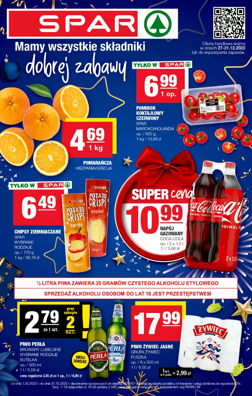 Gazetka promocyjna Spar - Spar - ważna 27.12.2022 do 06.01.2023 - strona 1 - produkty: Chipsy, Coca-Cola, Gra, Perła, Piwa, Piwo, Sok