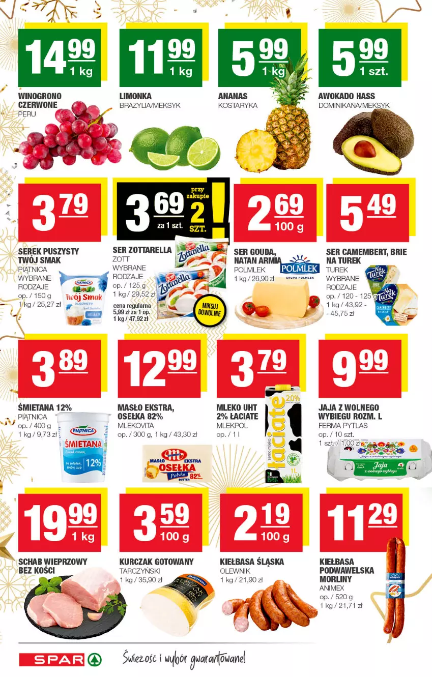 Gazetka promocyjna Spar - Spar - ważna 27.12.2022 do 06.01.2023 - strona 2 - produkty: Brie, Camembert, Gouda, Jaja, Jaja z wolnego wybiegu, Kiełbasa, Kiełbasa podwawelska, Kiełbasa śląska, Kurczak, Kurczak gotowany, Limonka, Masło, Mleko, Mlekovita, Morliny, Olewnik, Piątnica, POLMLEK, Schab wieprzowy, Ser, Serek, Serek puszysty, Wawel, Wino, Zott, Zottarella