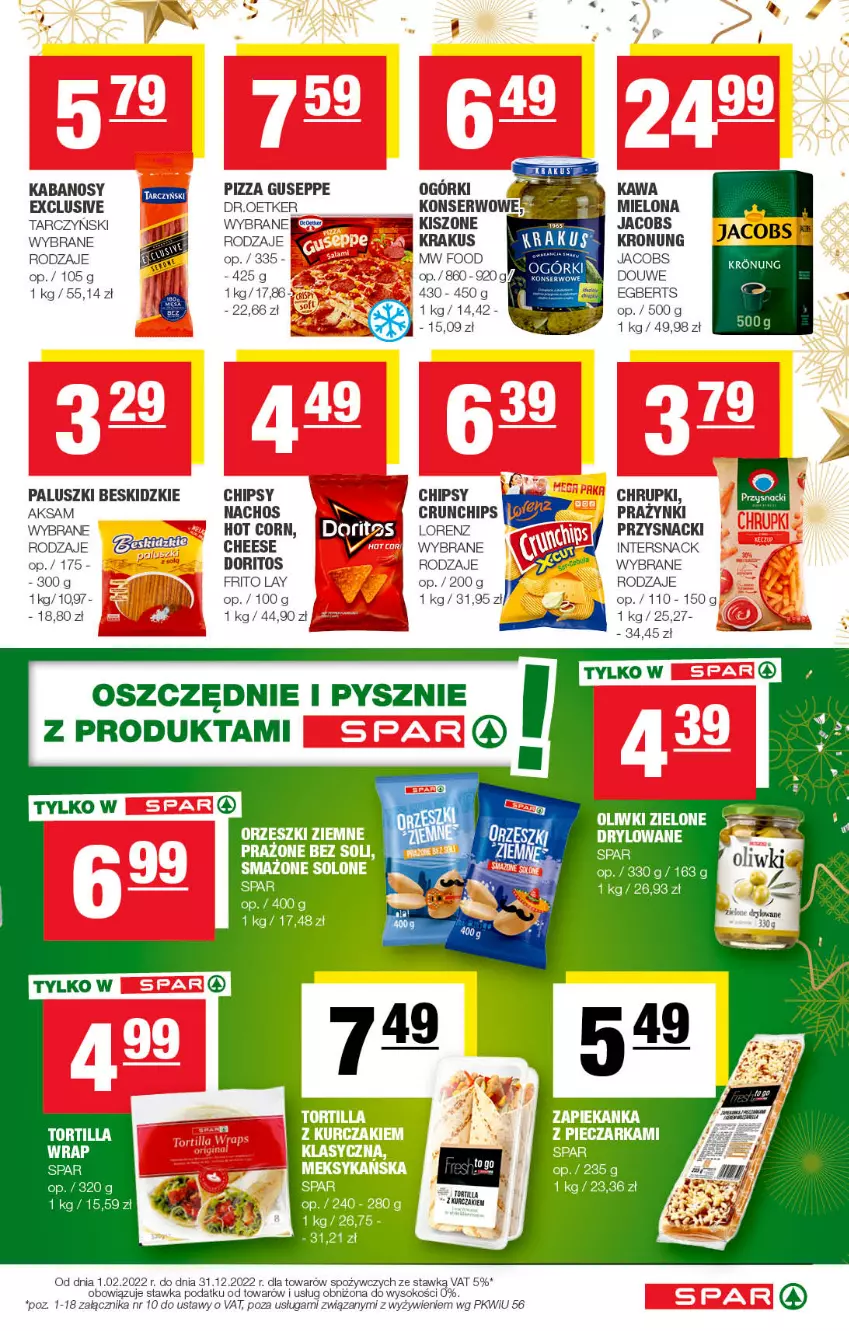 Gazetka promocyjna Spar - Spar - ważna 27.12.2022 do 06.01.2023 - strona 3 - produkty: Aksam, Beskidzki, Chipsy, Chrupki, Crunchips, Jacobs, Kabanos, Kawa, Lorenz, Oliwki, Oliwki zielone, Orzeszki, Orzeszki ziemne, Pizza, Przysnacki, Sok, Tarczyński