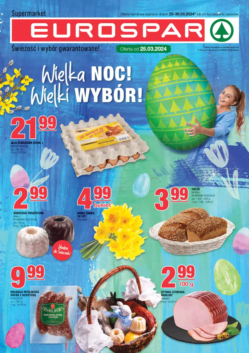 Gazetka promocyjna Spar - EuroSpar - ważna 24.03 do 03.04.2024 - strona 1 - produkty: Chleb, Jaja, Kiełbasa, Morliny, Por, Sok, Sokołów, Szynka