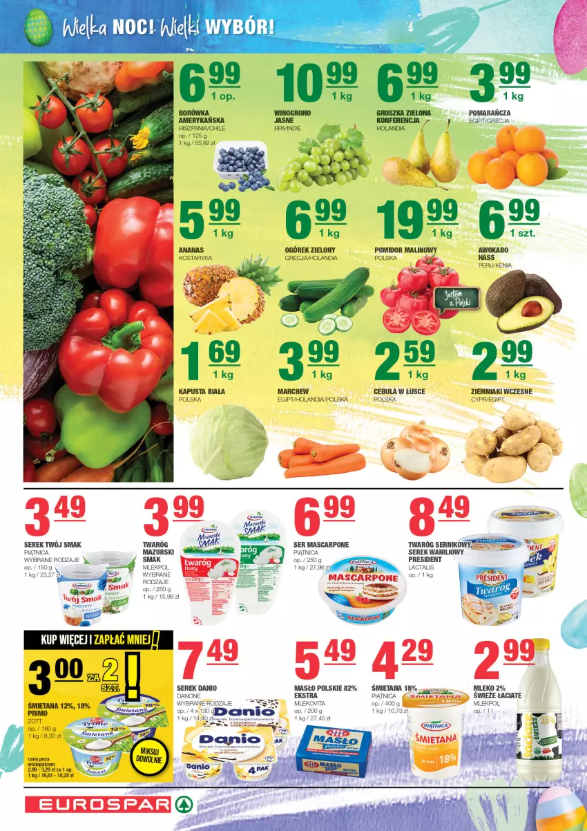 Gazetka promocyjna Spar - EuroSpar - ważna 24.03 do 03.04.2024 - strona 2 - produkty: Borówka, Cebula, Danio, Danone, Mascarpone, Masło, Mleko, Mlekovita, Mus, Ogórek, Piątnica, Pomidor malinowy, Ser, Serek, Wino, Ziemniaki, Zott