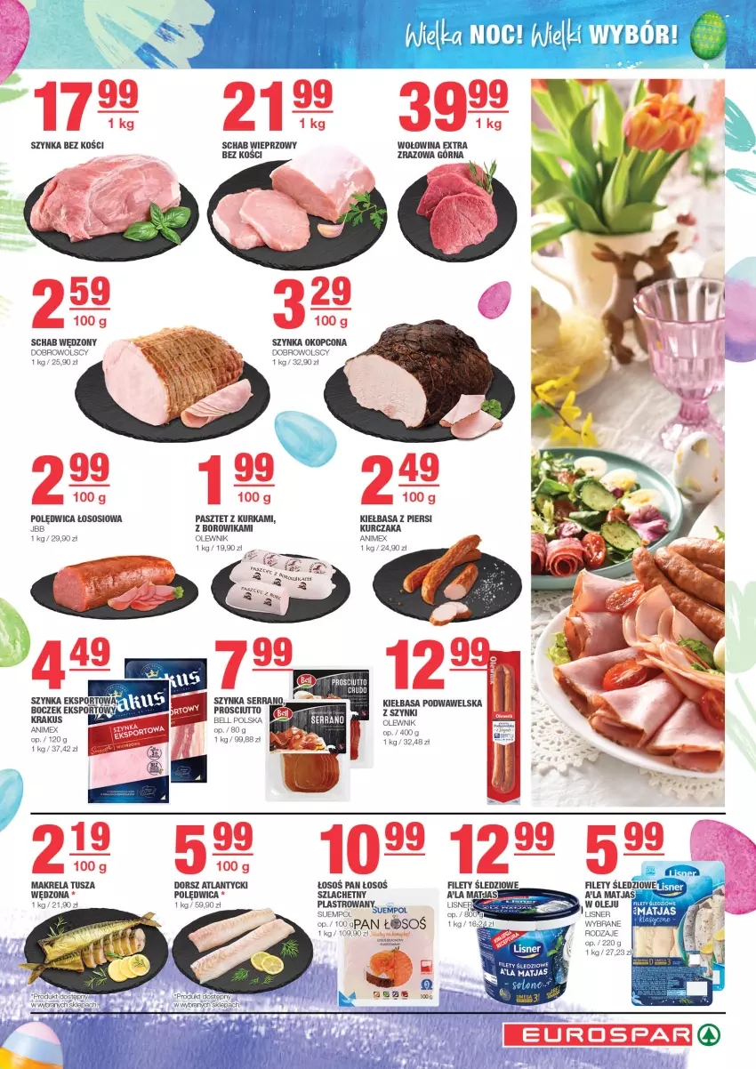 Gazetka promocyjna Spar - EuroSpar - ważna 24.03 do 03.04.2024 - strona 3 - produkty: Bell, Boczek, Dorsz, Kiełbasa, Kiełbasa podwawelska, Krakus, Kurczak, Lisner, Matjas, Olej, Olewnik, Pasztet, Polędwica, Por, Prosciutto, Schab wieprzowy, Ser, Sos, Sport, Suempol, Szynka, Tusz, Wawel, Wołowina