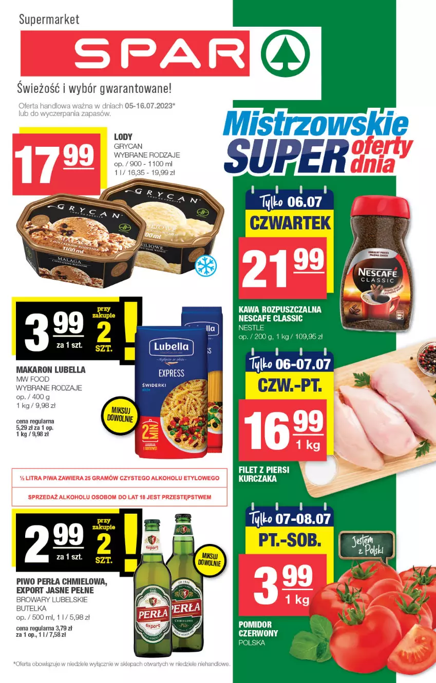 Gazetka promocyjna Spar - Spar - ważna 02.07 do 12.07.2023 - strona 1 - produkty: Bell, Bella, Filet z piersi kurczaka, Gry, Kawa, Kawa rozpuszczalna, Kurczak, Lody, Lubella, Makaron, Perła, Piwo, Por