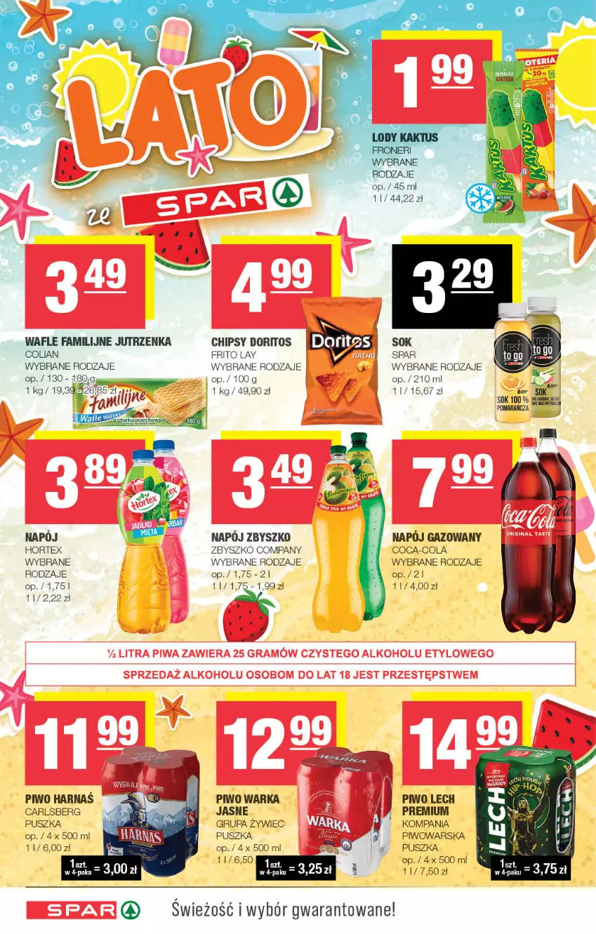 Gazetka promocyjna Spar - Spar - ważna 02.07 do 12.07.2023 - strona 6 - produkty: Carlsberg, Chipsy, Coca-Cola, Fa, Hortex, Jutrzenka, Piwo, Sok, Wafle, Warka