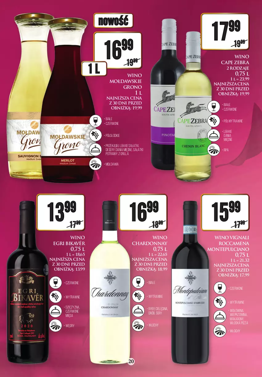 Gazetka promocyjna Dino - Katalog alkoholowy 20-25.11 - ważna 20.11 do 25.11.2023 - strona 20 - produkty: Chardonnay, Deser, Drób, Dziczyzna, Grill, Gry, Makaron, Monte, Pizza, Sałat, Ser, Wieprzowina, Wino, Wołowina